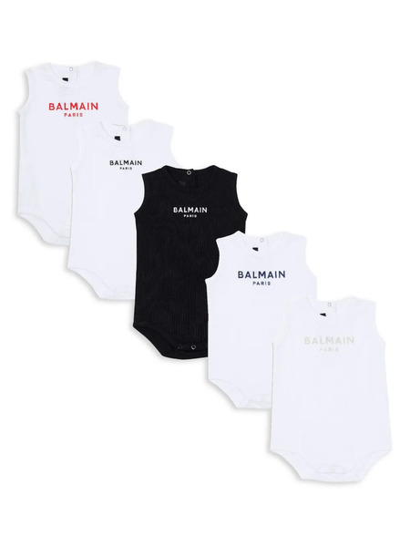  Balmain Kids Pack De Cinco Bodies Con Logo - Blanco 