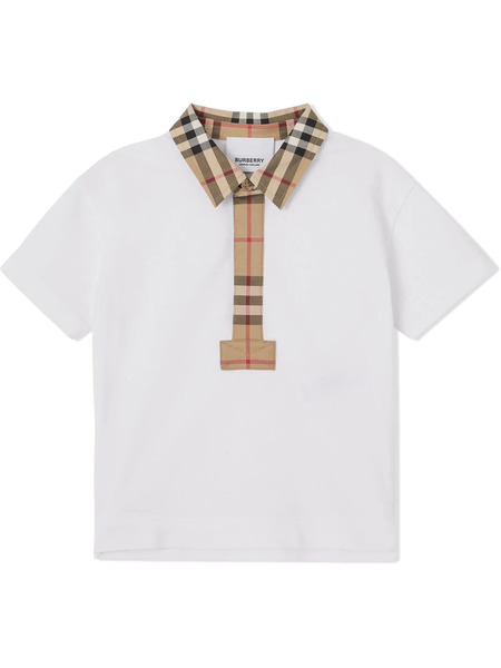  Burberry Kids Polo Con Ribete A Cuadros - Blanco 