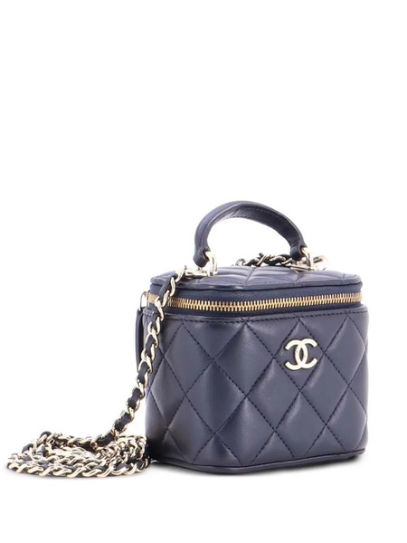  Chanel Pre-owned Classic Top Handle Vanity Case With Chain Quilted Lambskin Mini Crossbody Bag - Azul 