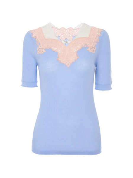  Chloé Jersey Con Ribete De Encaje - Azul 