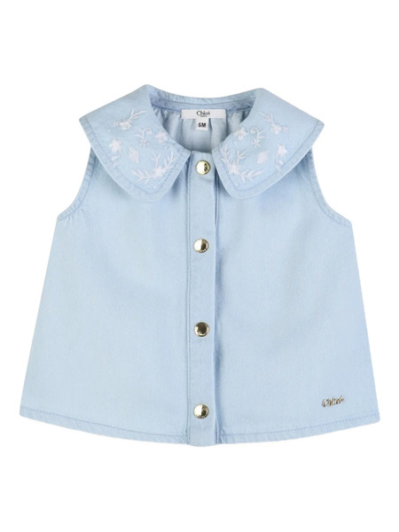  Chloé Kids Top Con Cuello Bordado - Azul 
