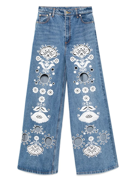  Cynthia Rowley Vaqueros Anchos Bordados - Azul 