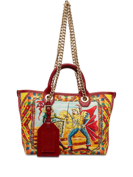  Dolce & Gabbana Pre-owned 2000-2026 Snakeskin Embossed Leather Trimmed Canvas Carretto Print Capri Tote Satchel - Multicolor 