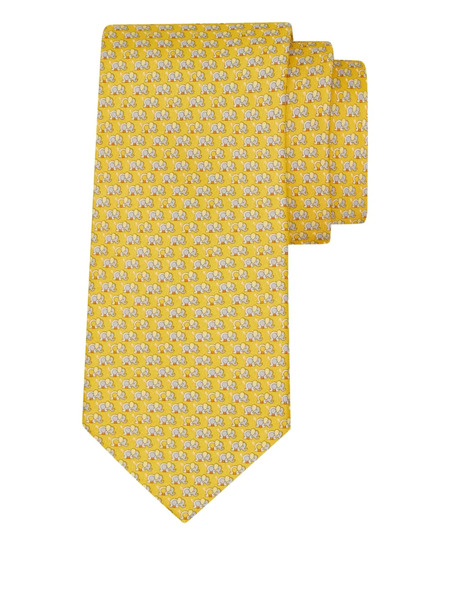  Ferragamo Corbata Gancini De Seda Con Elefante Estampado - Amarillo 