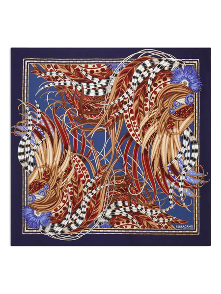  Ferragamo Fular De Seda Con Estampado Rooster - Azul 