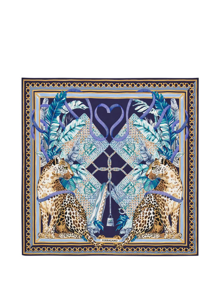  Ferragamo Fular Poised De Seda Con Estampado De Leopardo - Azul 