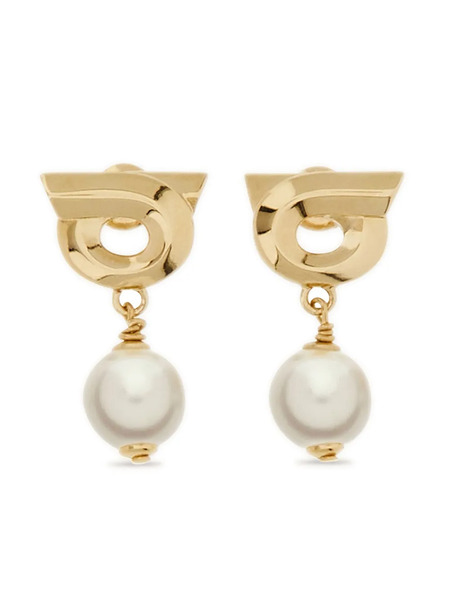  Ferragamo Pendientes Gancini Con Perla Artificial - Dorado 