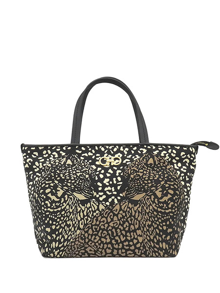  Ferragamo Pre-owned Bolso Shopper Double Gancini De Nylon Con Estampado De Leopardo 1990-2020 - Negro 