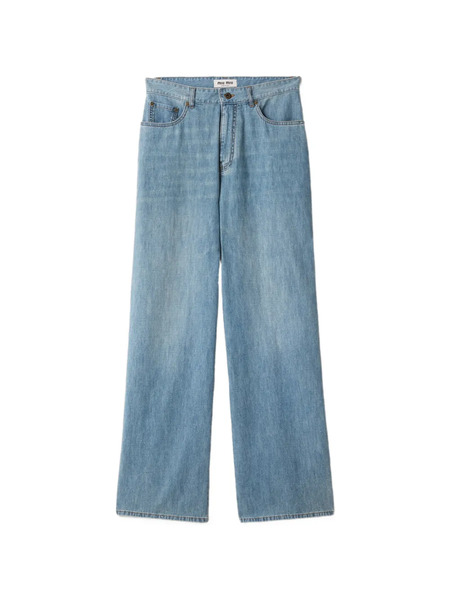 Miu Miu Vaqueros Anchos Con Logo Bordado - Azul 