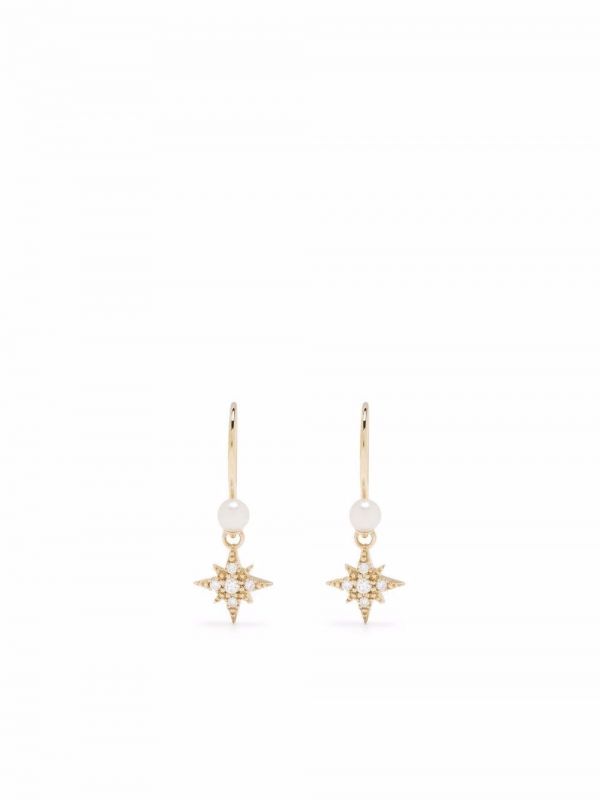  Mizuki Pendientes Pequeños Con Motivo De Estrella En Oro Amarillo De 14kt Con Diamantes Y Perla - Dorado 