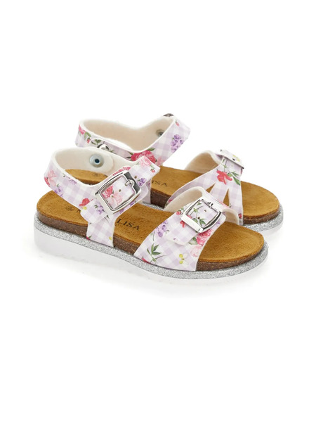  Monnalisa Sandalias A Cuadros Con Hebilla Y Motivo Floral - Blanco 