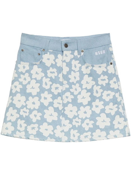  Msgm Falda Vaquera Con Estampado Floral - Azul 