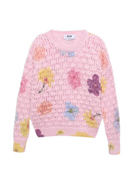  Msgm Jersey Con Apliques Florales - Rosa 