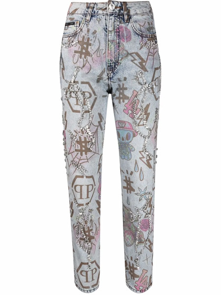  Philipp Plein Vaqueros Boyfriend Con Monograma - Azul 