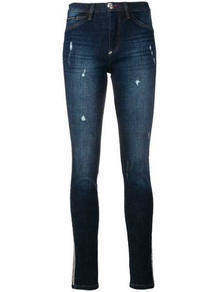  Philipp Plein Vaqueros Pitillo Con Ribete De Cristales - Azul 