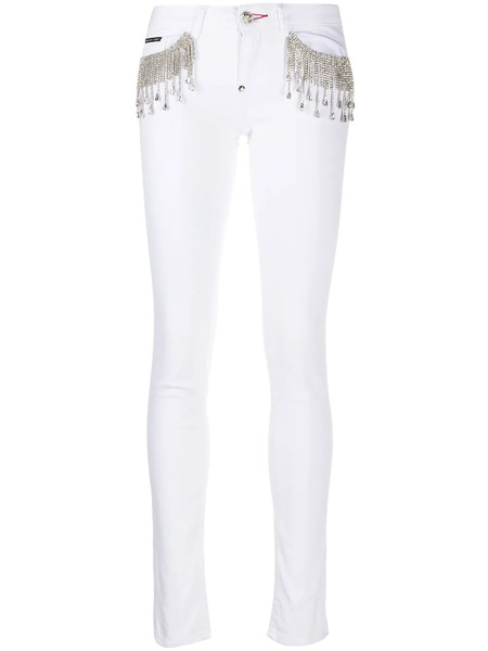  Philipp Plein Vaqueros Slim Con Flecos De Cristales - Blanco 