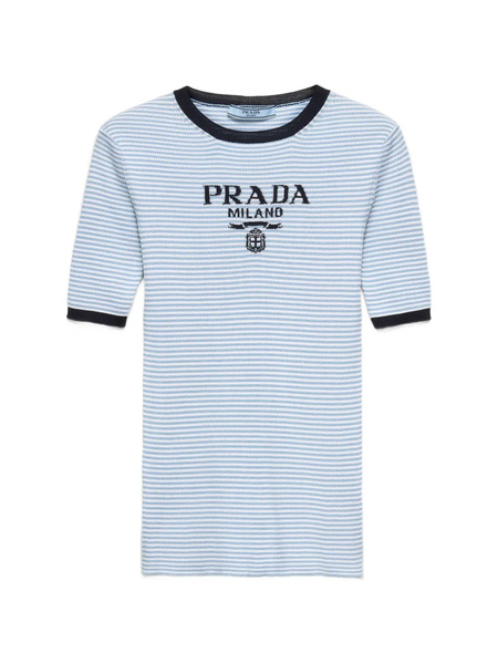 Prada Jersey De Seda A Rayas Con Cuello Redondo - Azul 