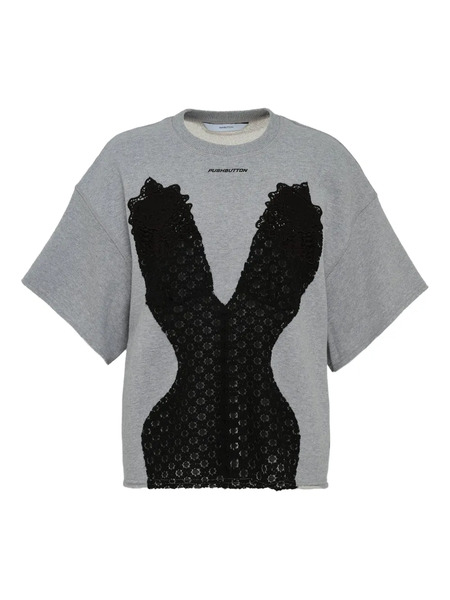  Pushbutton Camiseta Con Aplique De Encaje - Gris 