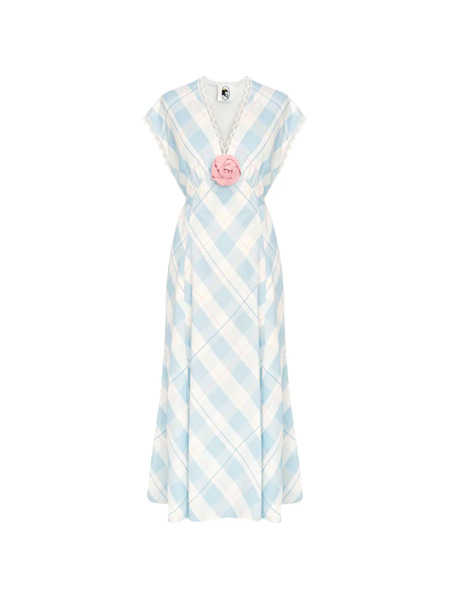  Sleeper Genus Plaid-pattern Floral-appliqué Midi Dress - Azul 