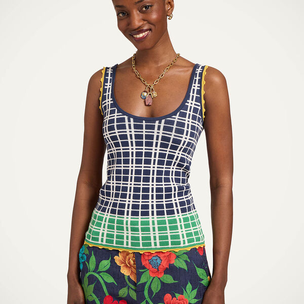  La Doublej Knitwear Women - Check Me Cami Multicolor Navy Blue & Green M 50% Cotton 35% Viscose 15% Polyester 