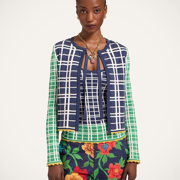  La Doublej Knitwear Women - Check Me Cardigan Multicolor Navy Blue & Green L 50% Cotton 35% Viscose 15% Polyester 