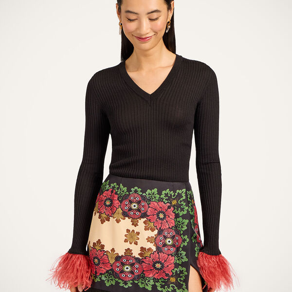  La Doublej Knitwear Women - V-neck High Kick Top Solid Black L 68%cashmere 30%silk 2%ostrich Feathers 