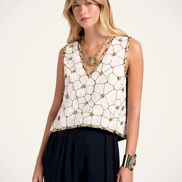  La Doublej Shirts & Tops Women - V-neck Scala Top Solid White M 50% Cotton 40% Viscose 5% Glass Beads 5% Acrylic Stones 