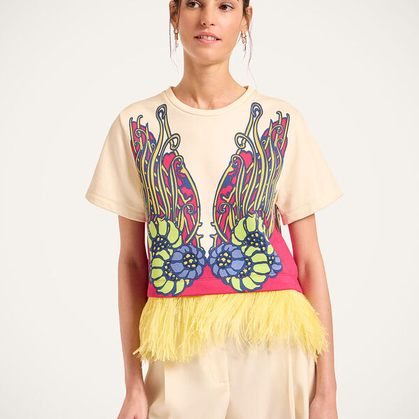  La Doublej T-shirts & Sweatshirts Women - La Scala Tee Lemuria Placée Pink L 98% Cotton 2% Ostrich Feathers 