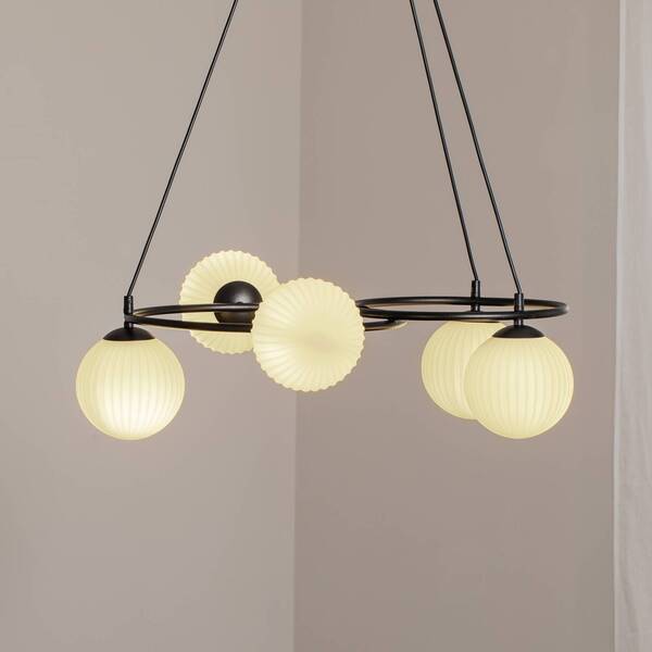  Emibig Lighting Emibig Lighting Lámpara De Salón Libra, Opal/negro, ø 70 Cm, Cristal, 5 Luces. 