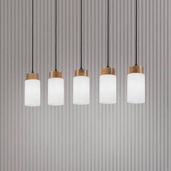  Lamkur Lamkur Lámpara Colgante Markus, Vidrio Opalino/madera De Roble, Longitud 100 Cm, 5 