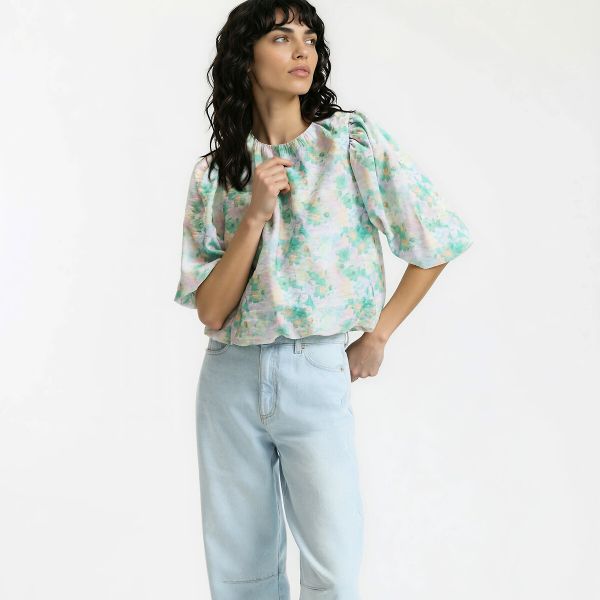  La Redoute Collections La Redoute Collections Blusa Con Estampados Florales, Cuello Redondo Y Mangas Abullonadas. Talla L. Color 