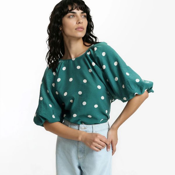  La Redoute Collections La Redoute Collections Blusa De Cuello Redondo Con Mangas Abullonadas, Estampado De Lunares. Talla 44. Color 
