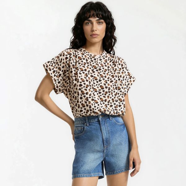  La Redoute Collections La Redoute Collections Blusa De Manga Corta Y Cuello Redondo Con Estampado De Leopardo. Talla Xl. Color 