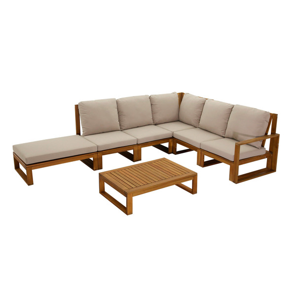  Miliboo Conjunto De Jardín Esquinero De Madera Maciza 6-8 Plazas Con Cojines Desenfundables Color Topo Natural Salsa 