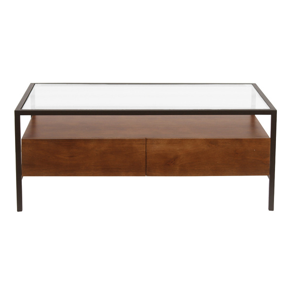  Miliboo Mesa De Centro Rectangular Con Almacenaje En Madera De Mango Maciza Color Oscuro, Vidrio Y Metal Negro L100 Cm Sita 