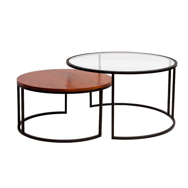  Miliboo Mesas Bajas Nido Redondas De Vidrio Templado, Madera Maciza De Mango Teñida Y Metal Negro (juego De 2) Tahl 