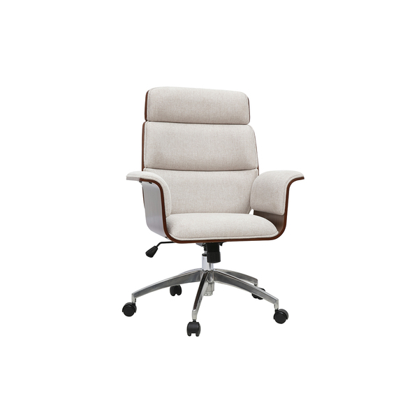  Miliboo Silla De Oficina Con Ruedas De Diseño En Tejido Efecto Terciopelo Texturizado Beige, Madera Oscura Y Acero Cromado Elon 