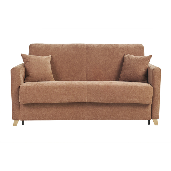  Miliboo Sofá Cama De 3 Plazas En Tela Efecto Terciopelo Tierra Quemada Y Madera Clara Con Colchón De 18 Cm Skandy 