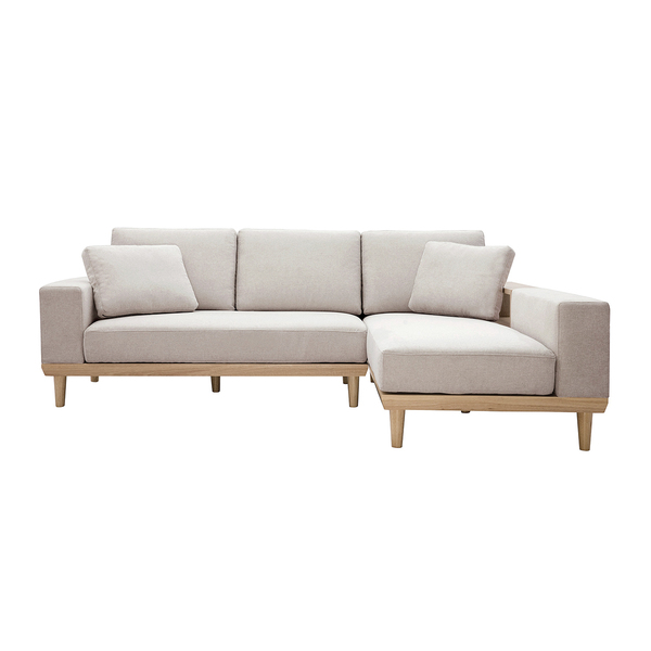  Miliboo Sofá Chaise Longue A La Derecha 5 plazas Con Almacenaje De Tela Texturizada Beige Efecto Aterciopelado Y Madera Clara Komao 