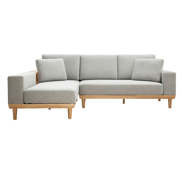  Miliboo Sofá Chaise Longue A La Izquierda 5 plazas Con Estantes En Tela Texturizada Gris Claro Efecto Aterciopelado Y Madera Clara Komao 