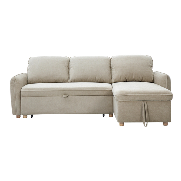  Miliboo Sofá De Esquina Convertible Reversible Con Arcón 3 Plazas En Tejido Chenilla Beige Y Madera Clara Orso 