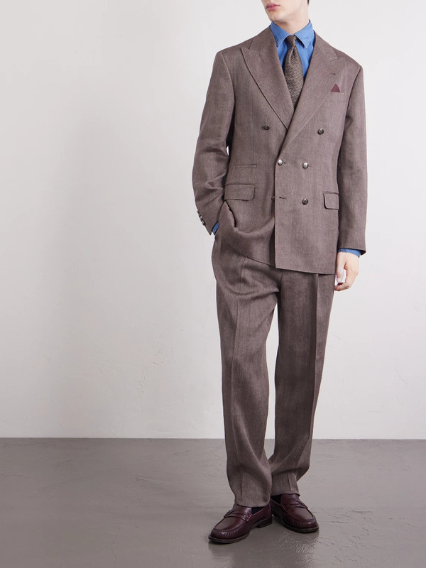  Brunello Cucinelli - Double-breasted Herringbone Linen And Virgin Wool-blend Suit Jacket - Men - Brown - It 46 