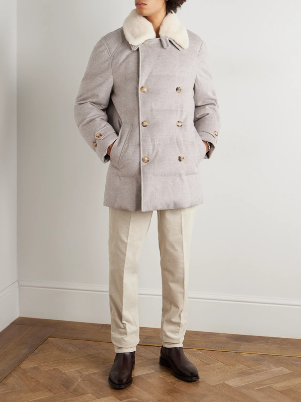  Brunello Cucinelli - Double-breasted Shearling-trimmed Quilted Cashmere Down Coat - Men - Neutrals - It 48 