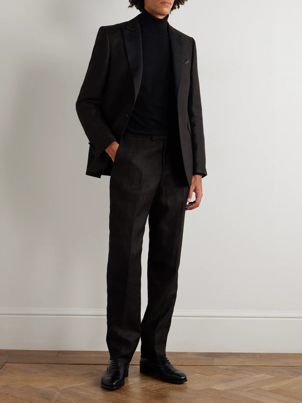  Favourbrook - Randwick Straight-leg Grosgrain-trimmed Herringbone Linen And Silk-blend Tuxedo Trousers - Men - Black - Uk/us 32 