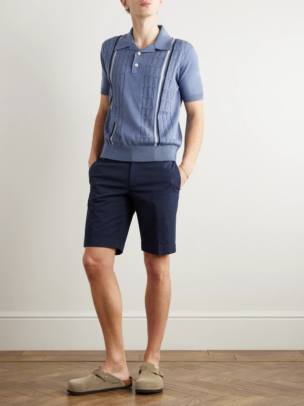  Piacenza 1733 - Slim-fit Striped Pointelle-knit Silk And Cotton-blend Polo Shirt - Men - Blue - It 54 