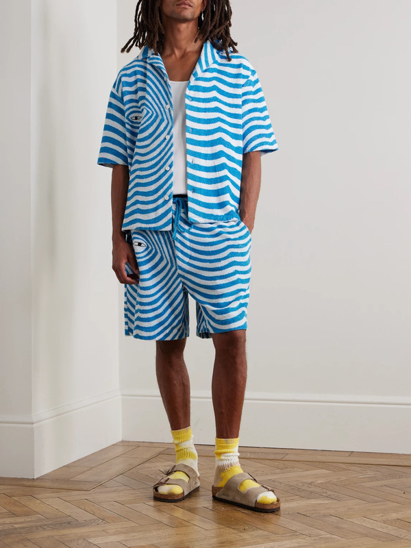  The Elder Statesman - Straight-leg Embroidered Striped Organic Cotton-terry Drawstring Shorts - Men - Blue - Xl 