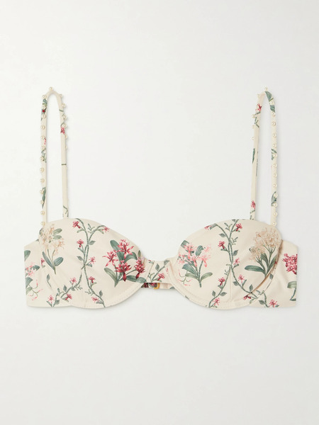  Agua By Agua Bendita Agua By Agua Bendita - Magdalena Orquidea Faux Pearl-embellished Floral-print Recycled Underwired Bikini Top - Cream 