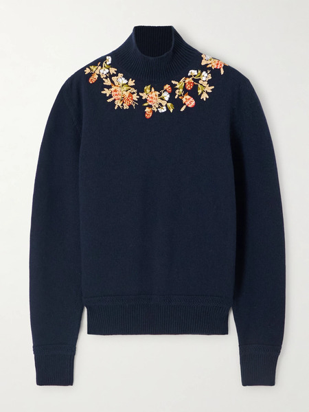  Bally Bally - Bead-embellished Embroidered Wool Turtleneck Sweater - Navy 