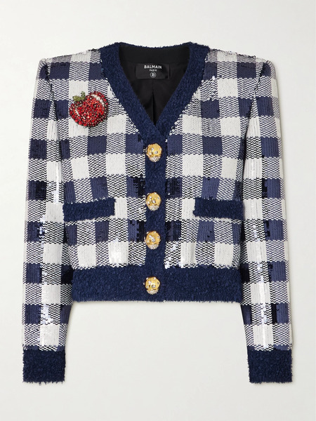  Balmain Balmain - Cropped Embellished Checked Tweed Jacket - Blue 
