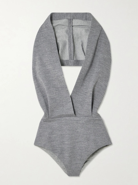  Balmain Balmain - Hooded Open-back Draped Wool-blend Jersey Bodysuit - Gray 